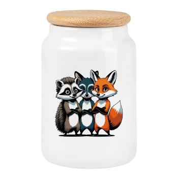 Cute Forest Animal Characters on Fabric - Cookie Jar with Wooden Lid - white - Front