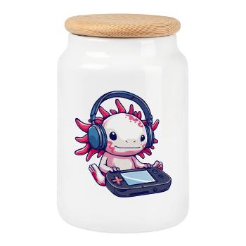 Axolotl avec casque et manette de jeu - Boîte à biscuits avec couvercle en bois - blanc - Devant