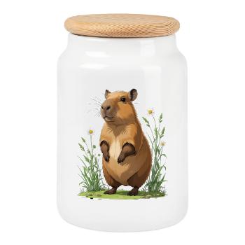 Capybara in the Marguerite Flower Field - Cookie Jar with Wooden Lid - white - Front