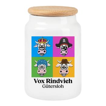 Kuhquartett-VR mit Text - Keksdose mit Holzdeckel - Weiß - Vorne