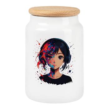 Color Sliver Anime Portrait with Headphones - Cookie Jar with Wooden Lid - white - Front