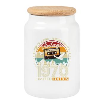 55th Birthday Cassette October Year 1970 - Cookie Jar with Wooden Lid - white - Front