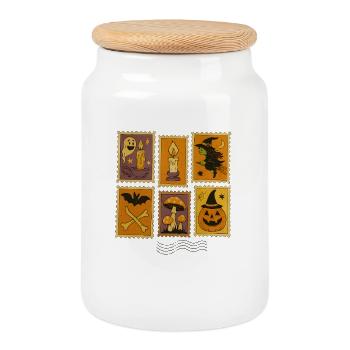 Halloween Hexe und Kürbis Sticker Set - Keksdose mit Holzdeckel - Weiß - Vorne