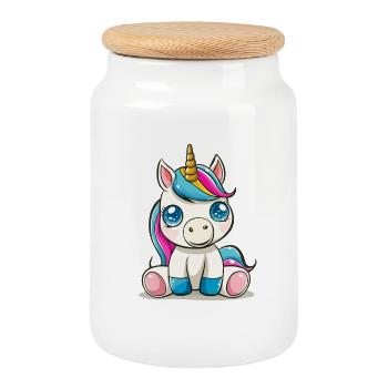Bunter Einhorn-Cartoon auf Kuschelstoff - Keksdose mit Holzdeckel - Weiß - Vorne