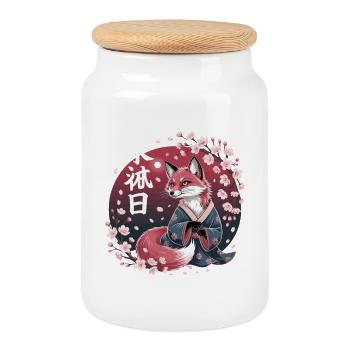  Kitsune Im Kimono Mit Kirschblüten Hanami - Keksdose mit Holzdeckel - Weiß - Vorne