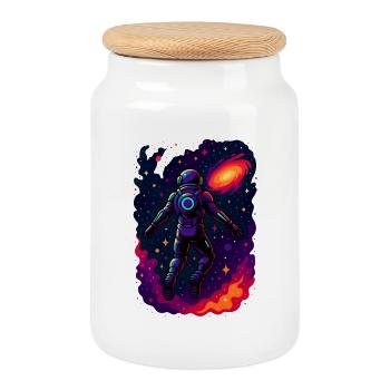 Cosmic Astronaut Exploring Galaxy - Cookie Jar with Wooden Lid - white - Front