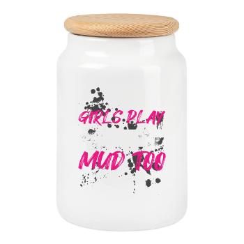 Girls play in the mud Schlammlauf Mud Run Muddy - Cookie Jar with Wooden Lid - white - Front