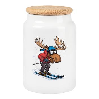 Moose Skifahrer Cartoon Wintersportlook - Keksdose mit Holzdeckel - Weiß - Vorne