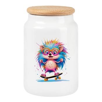Kunterbunter Skate Hedgehog - Keksdose mit Holzdeckel - Weiß - Vorne