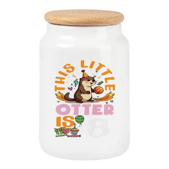 This Otter is 8 - Cute Birthday Motif - Cookie Jar with Wooden Lid - white - Front
