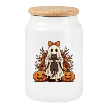 Ghost & Black Cat — Halloween Spooky Cat Lover - Boîte à biscuits avec couvercle en bois - blanc - Devant