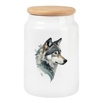 Tête de loup avec ornement floral - Boîte à biscuits avec couvercle en bois - blanc - Devant