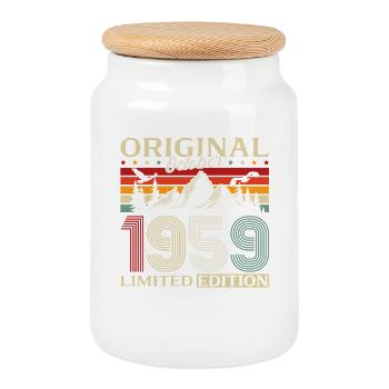 66th Birthday Original October Vintage 1959 - Cookie Jar with Wooden Lid - white - Front