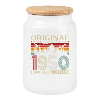 75th Birthday Original October Vintage 1950 - Cookie Jar with Wooden Lid - white - Front