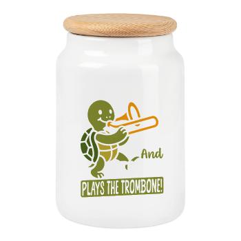Brass Band Trombonist Turtle Playing Trombone - Cookie Jar with Wooden Lid - white - Front