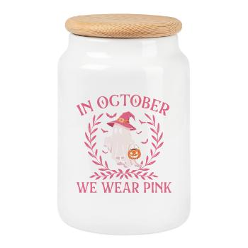 Im Oktober tragen wir Pink – Brustkrebs Halloween - Keksdose mit Holzdeckel - Weiß - Vorne