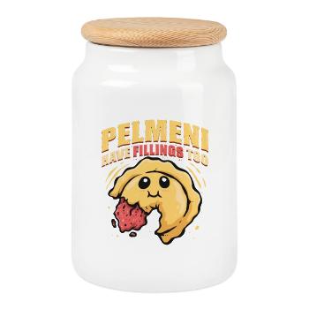 Pelmeni a aussi des garnitures Pelmenis - Boîte à biscuits avec couvercle en bois - blanc - Devant