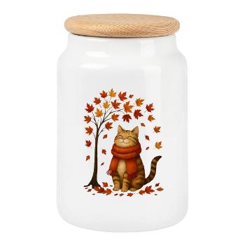 Chat d’automne avec écharpe rouge - Boîte à biscuits avec couvercle en bois - blanc - Devant