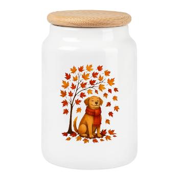 Chien d’automne avec motif d’écharpe - Boîte à biscuits avec couvercle en bois - blanc - Devant