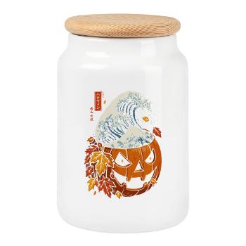 Halloween Herbst - Kürbiswelle Kanagawa - Keksdose mit Holzdeckel - Weiß - Vorne