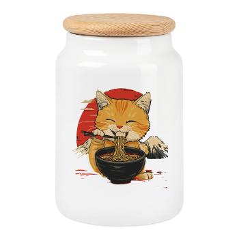 Niedliche Katze Mit Ramen Vor Japanischer Kulisse - Keksdose mit Holzdeckel - Weiß - Vorne