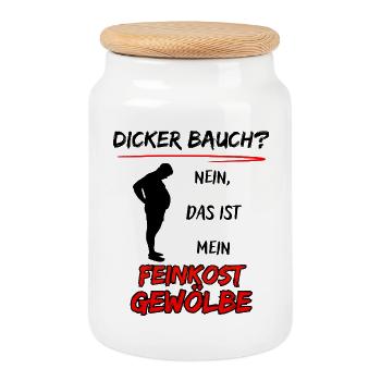 Dicker Bauch? nein das ist mein Feinkost Gewölbe - Keksdose mit Holzdeckel - Weiß - Vorne