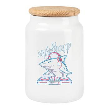 DJ SHARKDROP Haifisch DJ Pult Rave Vibes - Keksdose mit Holzdeckel - Weiß - Vorne