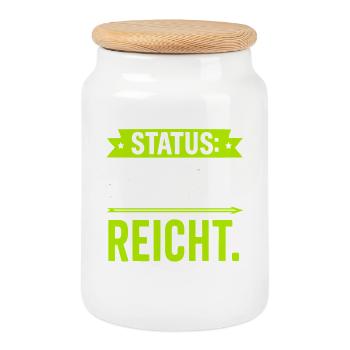 Status: Existiert Reicht – Lustiger Spruch - Keksdose mit Holzdeckel - Weiß - Vorne