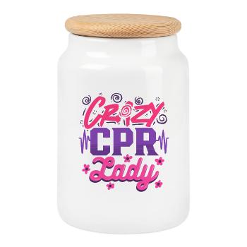 HLW Ausbilder Wiederbelebung Crazy CPR Lady - Keksdose mit Holzdeckel - Weiß - Vorne