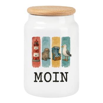 Moin lighthouse seal beach chair seagull coast - Cookie Jar with Wooden Lid - white - Front