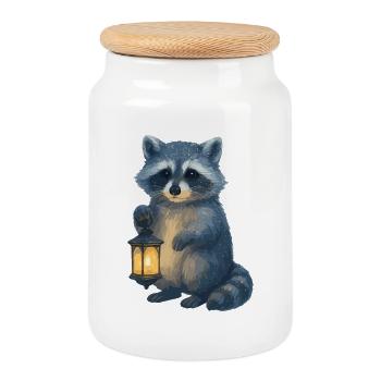 Waschbär mit Laterne – Winter Design - Keksdose mit Holzdeckel - Weiß - Vorne