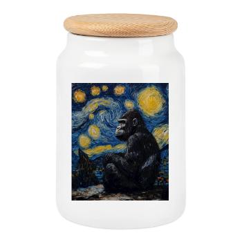 Gorille Gorille Singe Style Van Gogh Nuit étoilée - Boîte à biscuits avec couvercle en bois - blanc - Devant