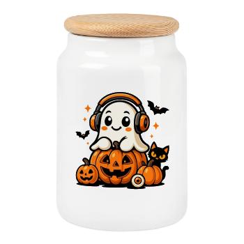 Fantôme mignon et citrouilles - Boîte à biscuits avec couvercle en bois - blanc - Devant