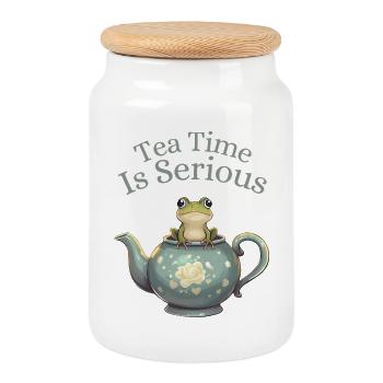 Tea Time is Serious – Frog in Teapot - Cookie Jar with Wooden Lid - white - Front