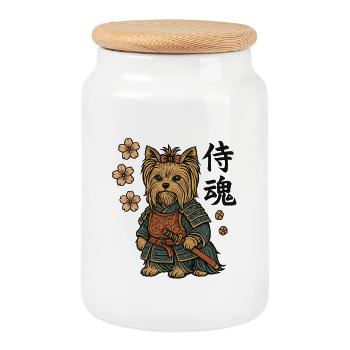 Dog Yorkshire Terrier Samurai Floral - Cookie Jar with Wooden Lid - white - Front
