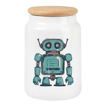Retro Teal Robot Drawing - Cookie Jar with Wooden Lid - white - Front