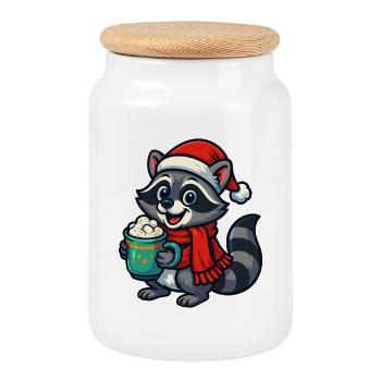Christmas raccoon with cocoa - Cookie Jar with Wooden Lid - white - Front