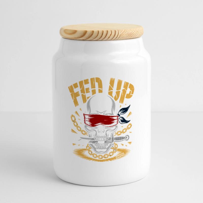 Blind skull with chain, muzzle full Cookie Jar with Wooden Lid