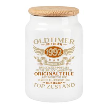 33. Geburtstag Geschenk Oldtimer Oktober 1992 - Keksdose mit Holzdeckel - Weiß - Vorne