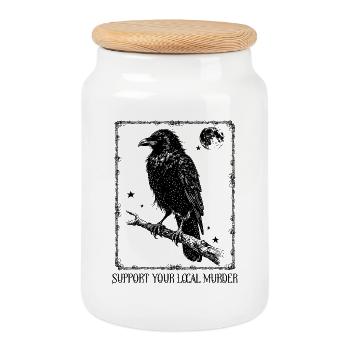 Support your local Murder - Crow - Cookie Jar with Wooden Lid - white - Front