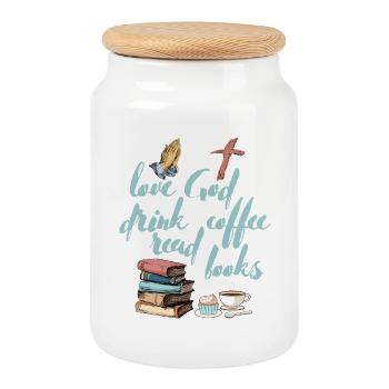 Liebe Gott Trinken Kaffee Lesen Bücher - Keksdose mit Holzdeckel - Weiß - Vorne
