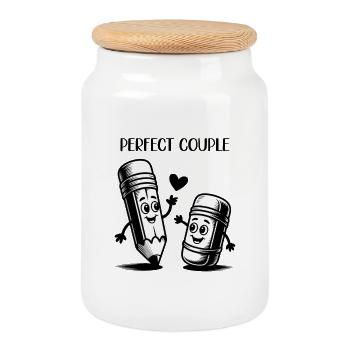 Happy Pencil And Eraser Cartoon Design - Cookie Jar with Wooden Lid - white - Front