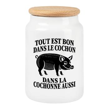 Everything is good in French humor pig - Cookie Jar with Wooden Lid - white - Front