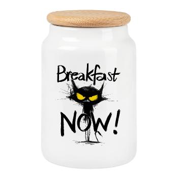 Grimmige schwarze Katze – Breakfast NOW! - Keksdose mit Holzdeckel - Weiß - Vorne