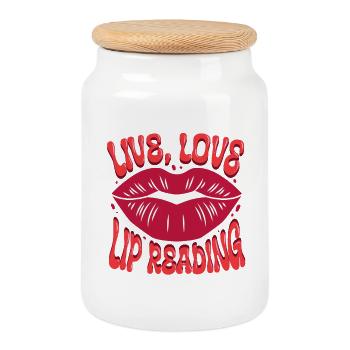 Deaf Deaf Hearing Impairment Lip Reading - Cookie Jar with Wooden Lid - white - Front