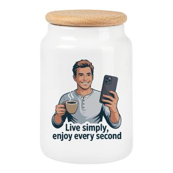 Live Simply Coffee Selfie Illustration - Cookie Jar with Wooden Lid - white - Front
