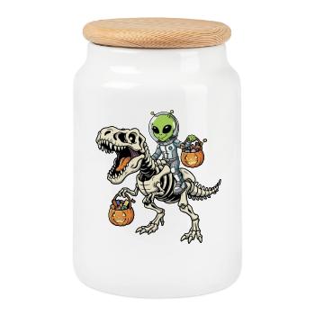 Alien Rides Skeleton T-Rex Halloween Dinosaur - Cookie Jar with Wooden Lid - white - Front