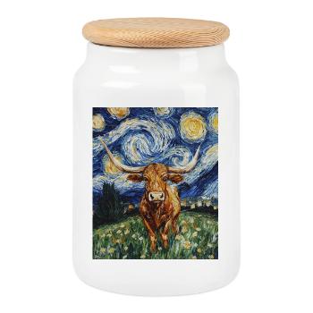 Longhorn Cow Cows Bull Van Gogh Starry Night - Cookie Jar with Wooden Lid - white - Front
