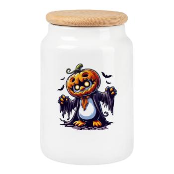 Cute Halloween Penguin Pumpkin Whimsical Bat - Cookie Jar with Wooden Lid - white - Front
