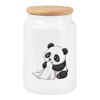 Bébé Panda avec une couette – Dessin animé mignon - Boîte à biscuits avec couvercle en bois - blanc - Devant